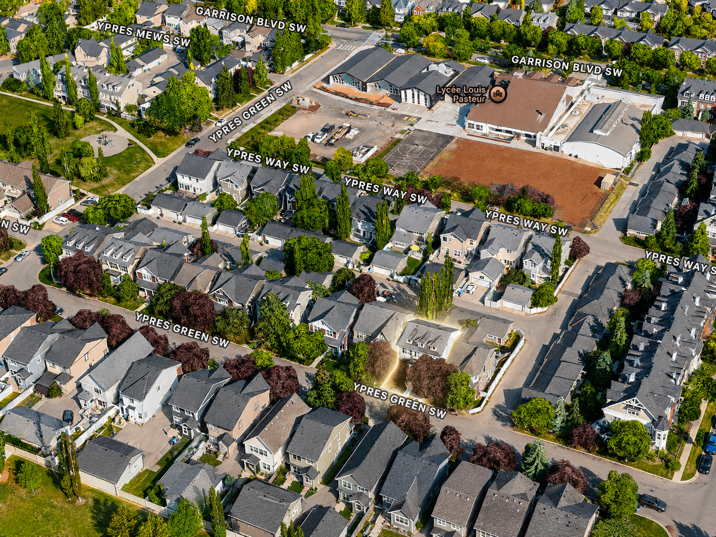 Aerial view of 113 Ypres Green SW in Garrison Woods, Calgary